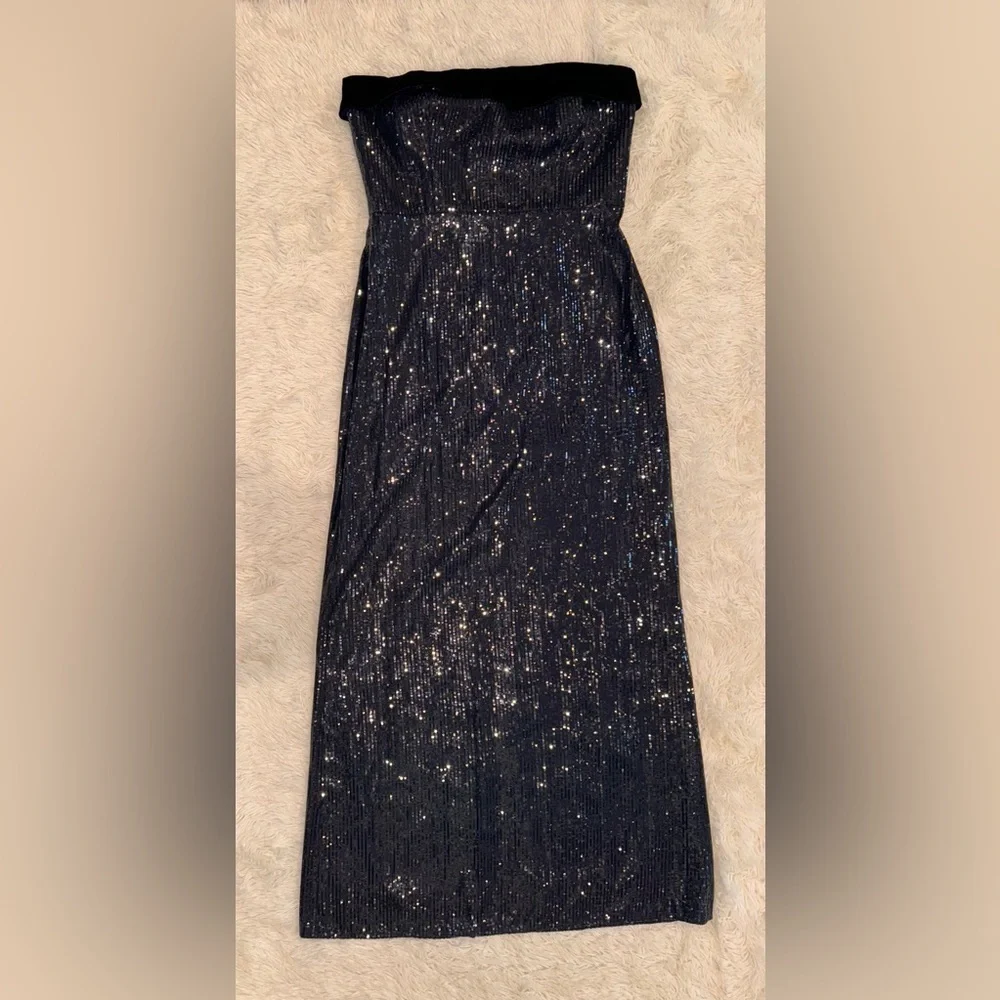 Monique Lhuillier Strapless Navy Sequin Evening Gown with Velvet Trim